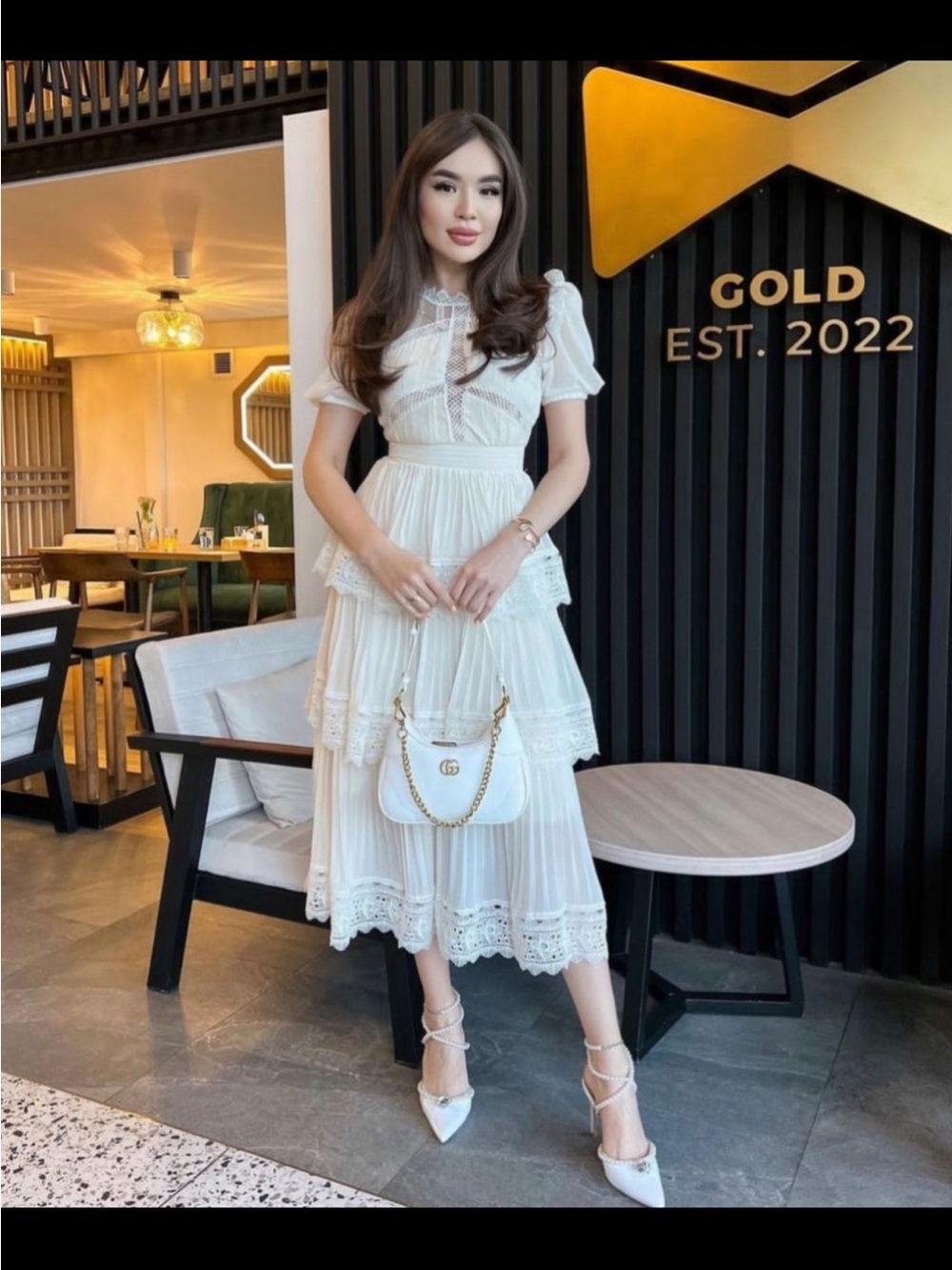 Elegant Cream Lace Tiered Midi Dress by